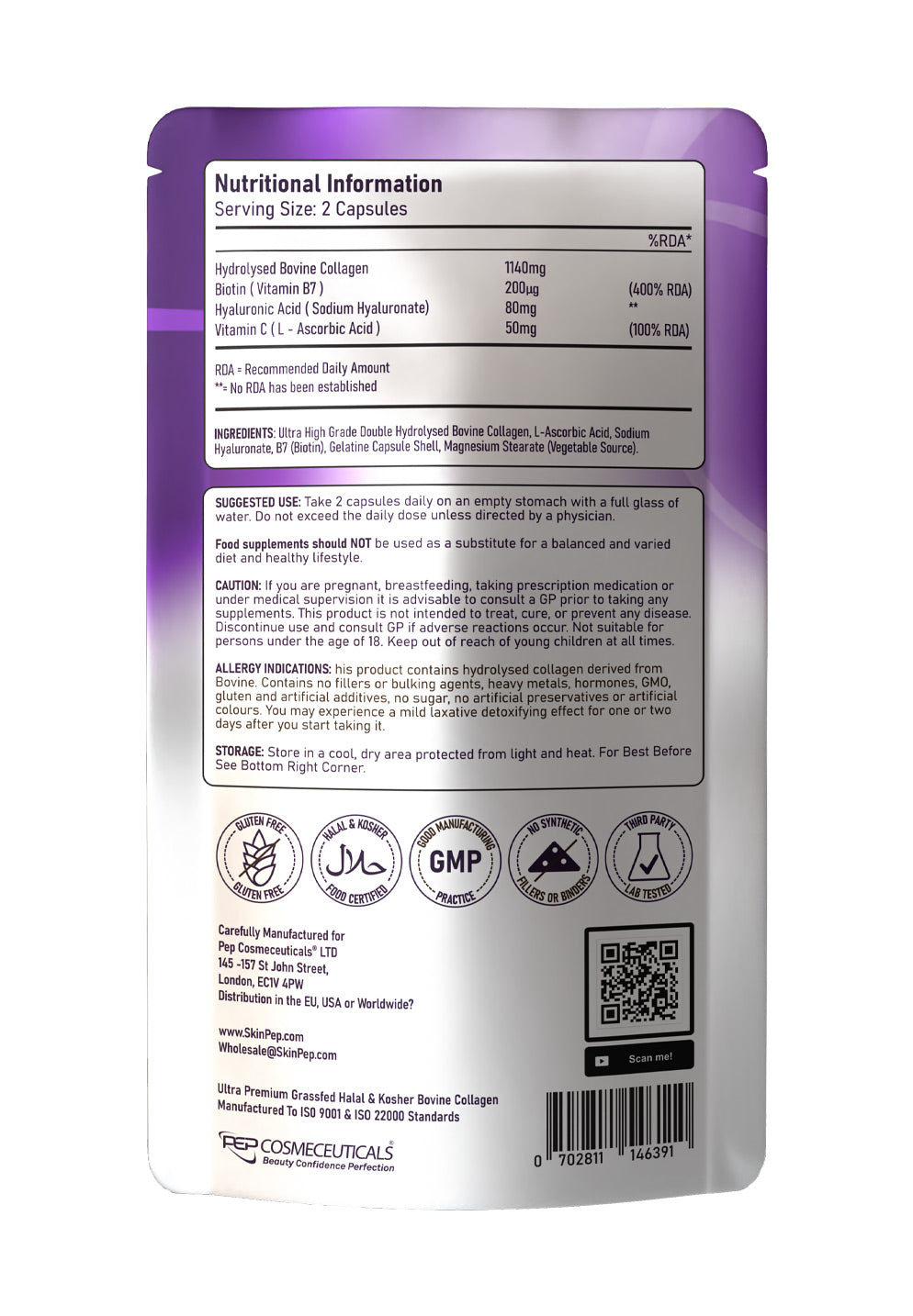 1270mg Bovine Collagen Complex Capsules + Hyaluronic Acid + VitC + Biotin - (Hydrolysate Peptides)