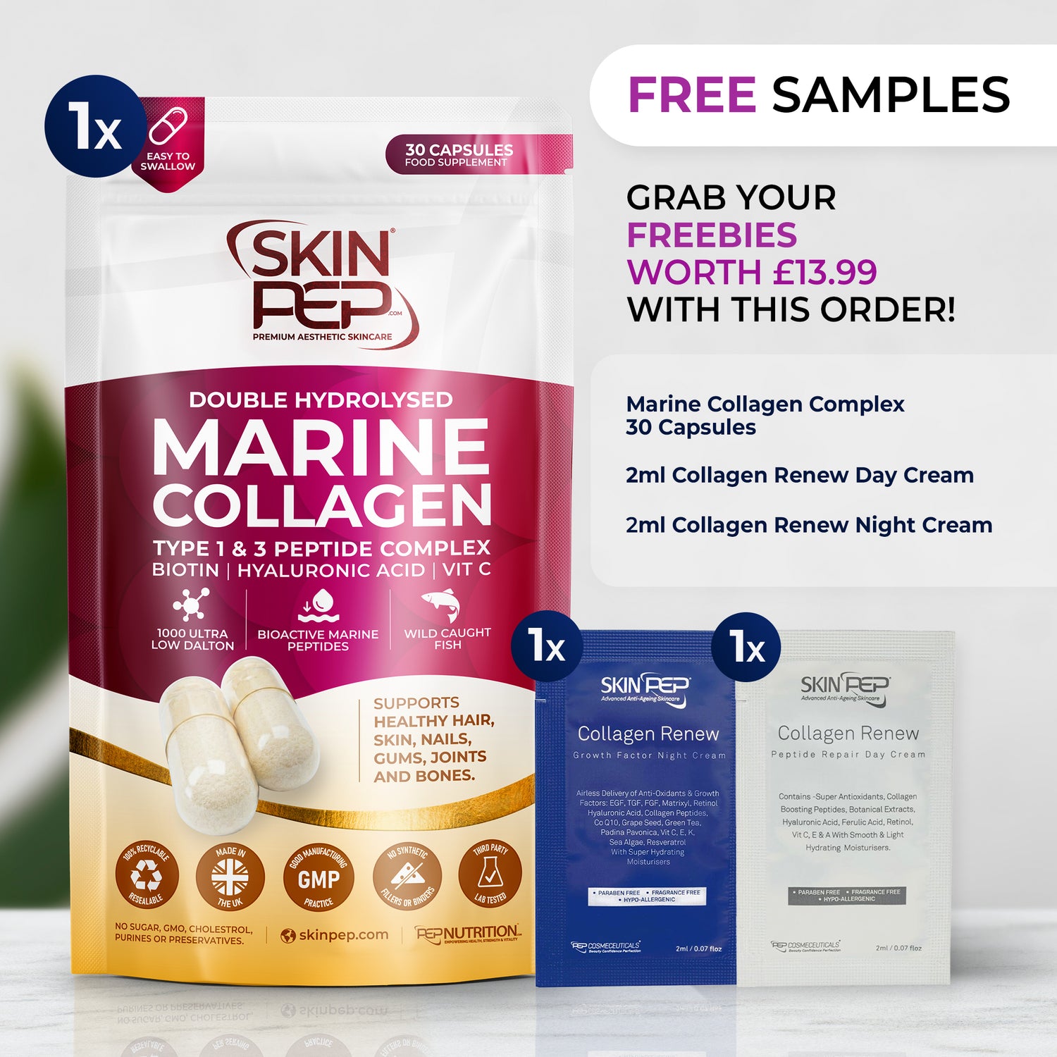 Ultra Purified Collagen Peptide Complex Capsules | 1000 Dalton Bioactive Vitamin C Enhanced Synthesis |Triple Filtered, Double Hydrolysed | Grass Fed Bovine Collagen Supplement For Women &amp; Men | SkinPep