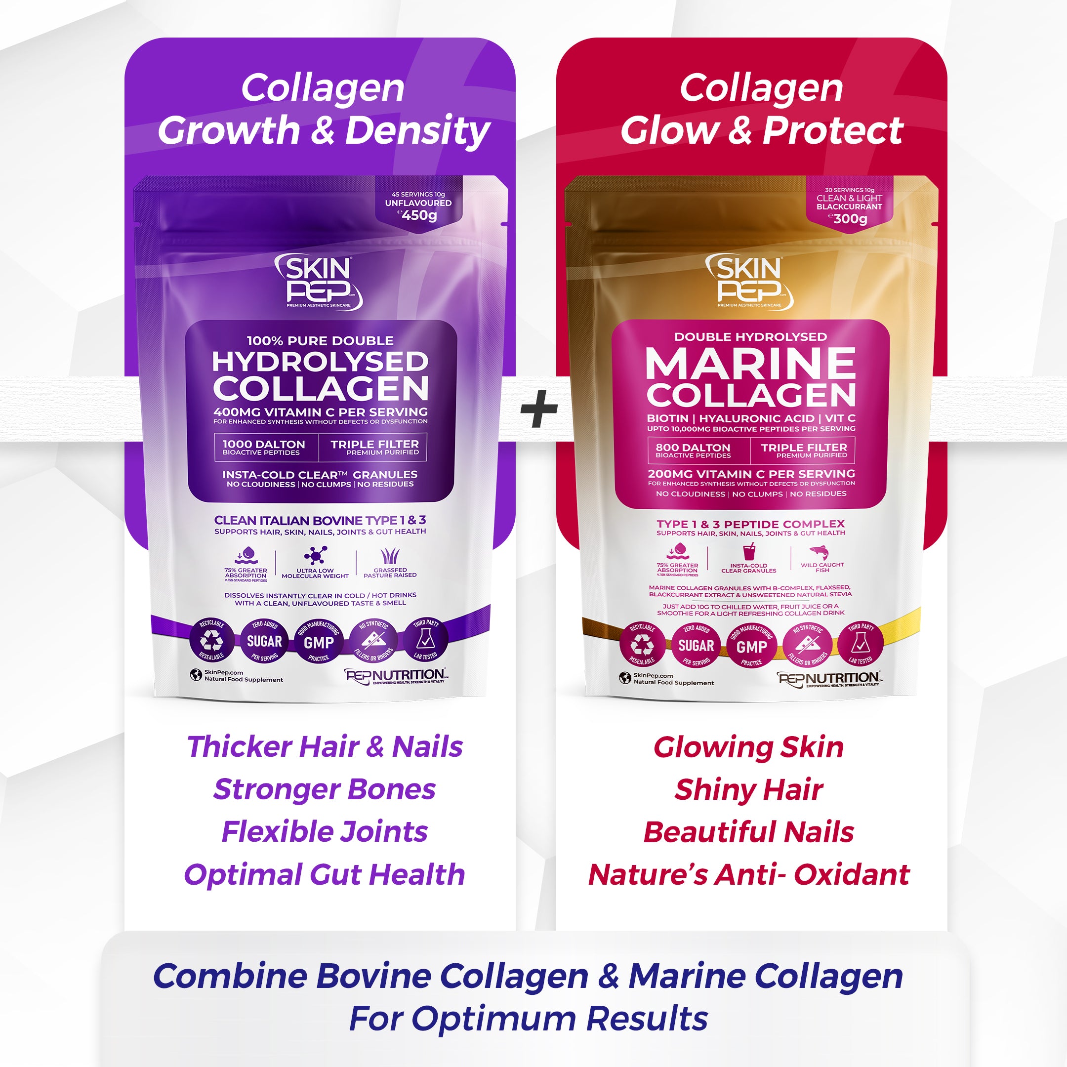 Collagen Peptides Powder | Organic Grass-Fed Bovine Hydrolysate | 1000 Dalton | 400mg Vitamin C | SkinPep