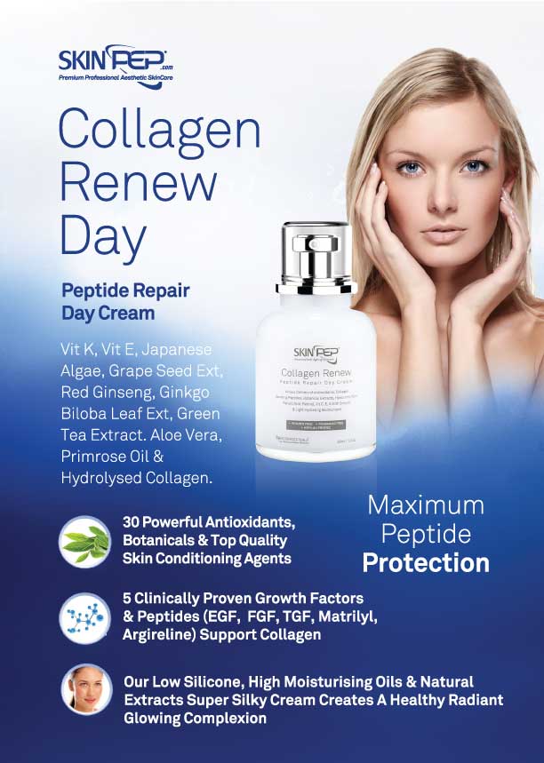 Collagen ReNu-Glow Peptide Day Cream | Encapsulated Growth Factors (EGF, FGF, TGF) | 16 Antioxidants &amp; Moisturisers | Retinol, Hyaluronic Acid, Vit C, E, A + Peptides | Korean Glass Skin By SkinPep (50ml)