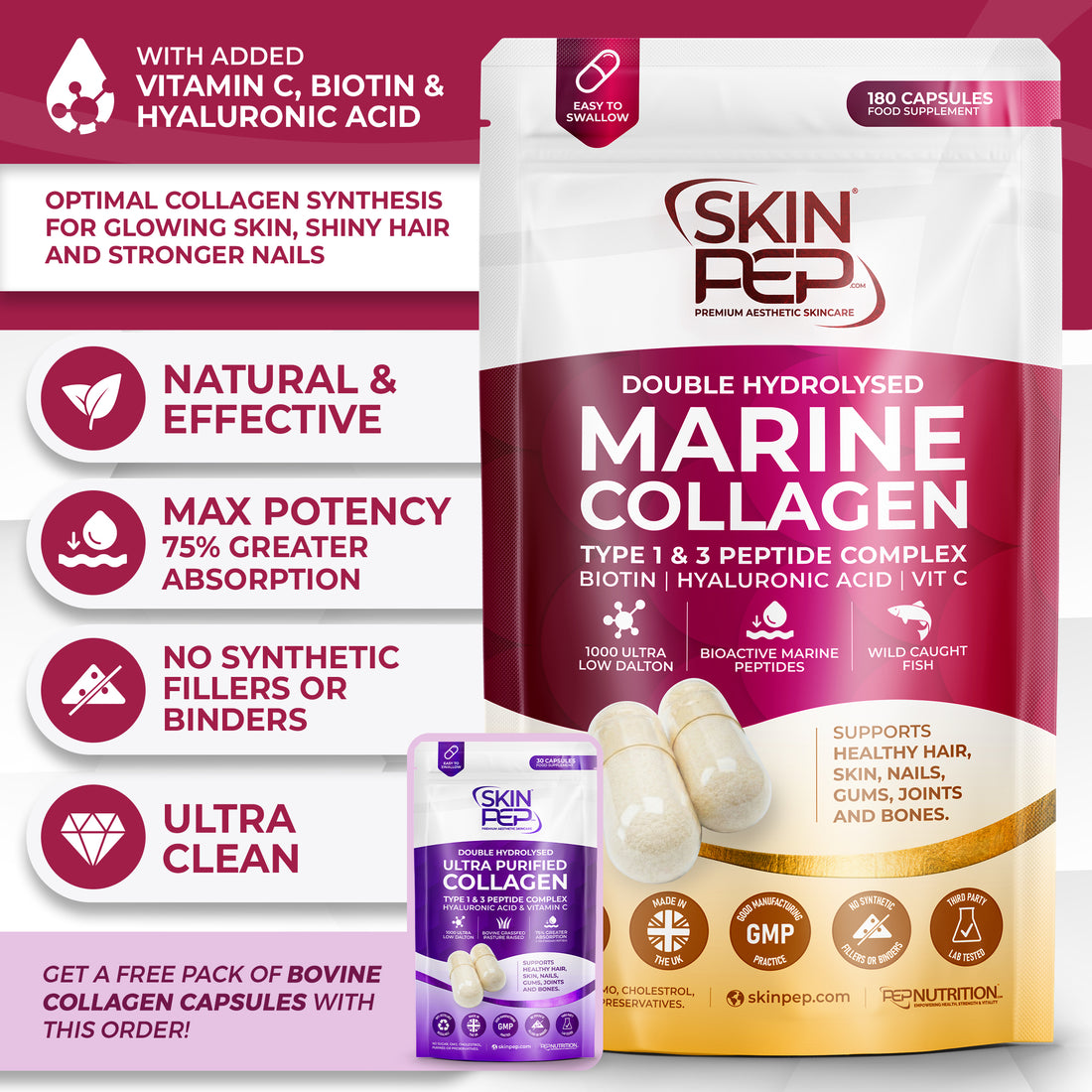 Marine Collagen Peptides Capsules | Wild Caught | Bioactive 1000 Daltons | Hyaluronic Acid | Vitamin C | Clean &amp; Pure | No Fillers &amp; Binders | Collagen Supplements For Women &amp; Men | SkinPep