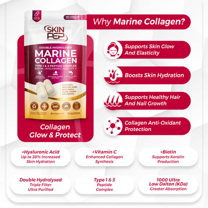 Marine Collagen Peptides Capsules | Wild Caught | Bioactive 1000 Daltons | Hyaluronic Acid | Vitamin C | Clean &amp; Pure | No Fillers &amp; Binders | Collagen Supplements For Women &amp; Men | SkinPep
