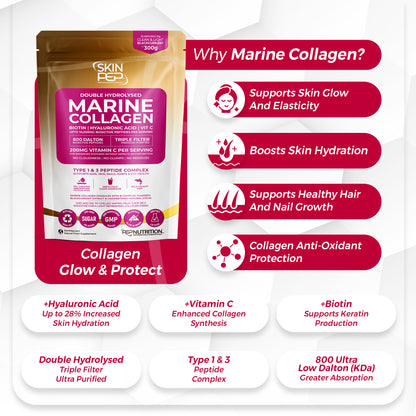 Marine Collagen Peptides | Hyaluronic Acid | Vitamin C | Biotin | Bioactive 800 Daltons| Blackcurrant Extract Flavour | Triple Filtered Sugar Free Powder | SkinPep