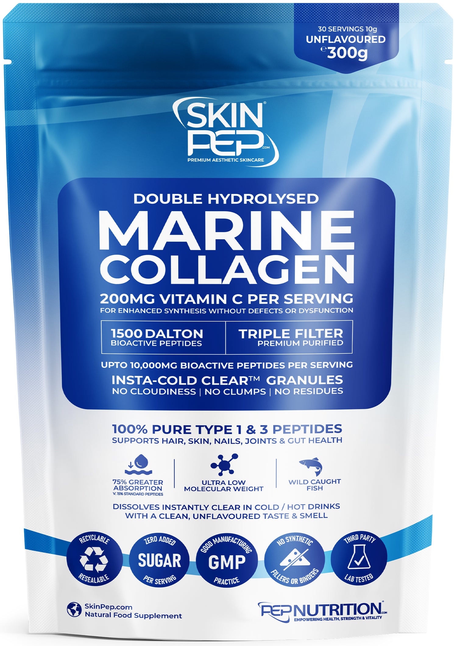 Marine Collagen Peptides | 1500 Daltons| Double Hydrolysed | Triple filtered |  100% Pure - Wild Caught | Vitamin C Enhanced Synthesis | SkinPep