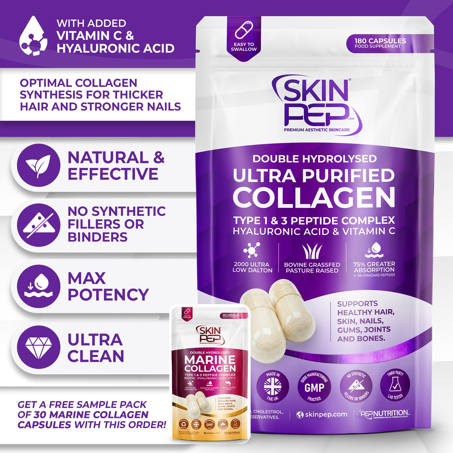 Ultra Purified Collagen Peptide Complex Capsules | 2000 Dalton Bioactive Vitamin C Enhanced Synthesis |Triple Filtered, Double Hydrolysed | Grass Fed Bovine Collagen Supplement For Women &amp; Men | SkinPep