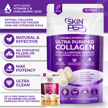 Ultra Purified Collagen Peptide Complex Capsules | 2000 Dalton Bioactive Vitamin C Enhanced Synthesis |Triple Filtered, Double Hydrolysed | Grass Fed Bovine Collagen Supplement For Women &amp; Men | SkinPep