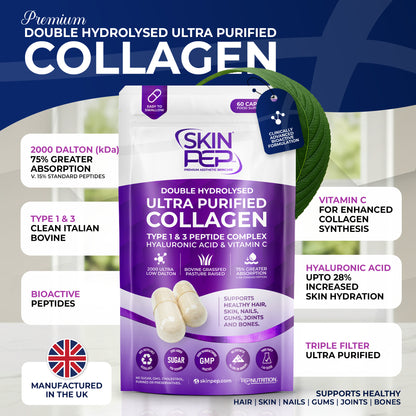 Ultra Purified Collagen Peptide Complex Capsules | 2000 Dalton Bioactive Vitamin C Enhanced Synthesis |Triple Filtered, Double Hydrolysed | Grass Fed Bovine Collagen Supplement For Women &amp; Men | SkinPep