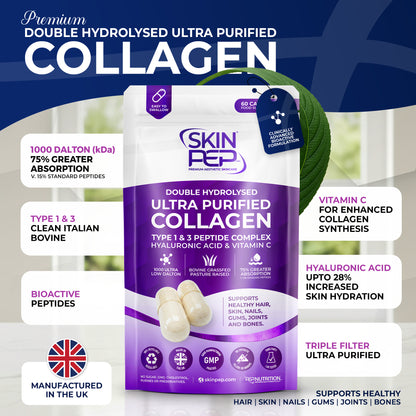 Ultra Purified Collagen Peptide Complex Capsules | 1000 Dalton Bioactive Vitamin C Enhanced Synthesis |Triple Filtered, Double Hydrolysed | Grass Fed Bovine Collagen Supplement For Women &amp; Men | SkinPep