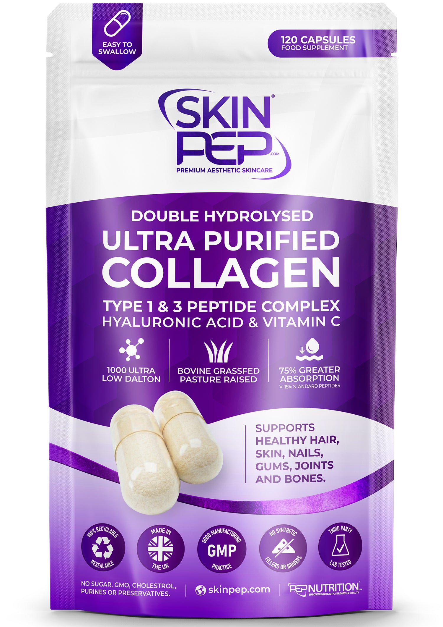 Ultra Purified Collagen Peptide Complex Capsules | 1000 Dalton Bioactive Vitamin C Enhanced Synthesis |Triple Filtered, Double Hydrolysed | Grass Fed Bovine Collagen Supplement For Women &amp; Men | SkinPep