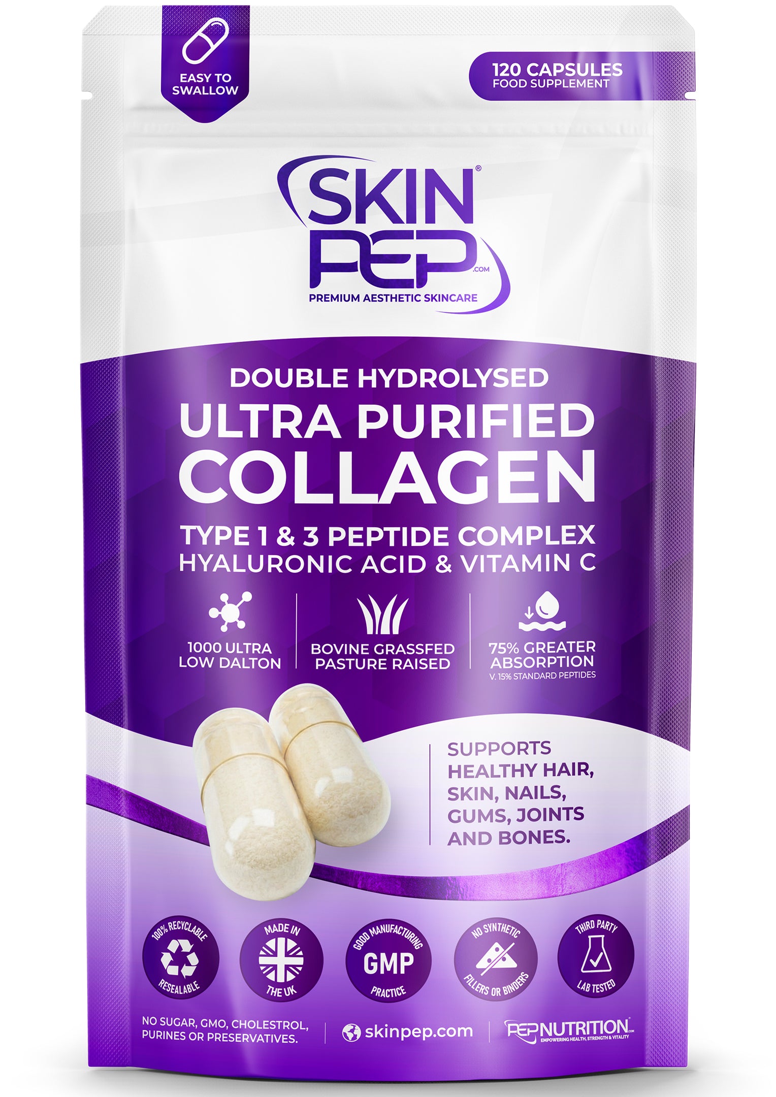 Ultra Purified Collagen Peptide Complex Capsules | 1000 Dalton Bioactive Vitamin C Enhanced Synthesis |Triple Filtered, Double Hydrolysed | Grass Fed Bovine Collagen Supplement For Women &amp; Men | SkinPep