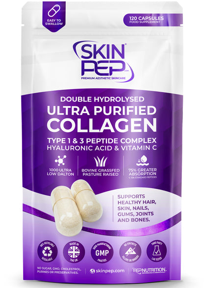 Ultra Purified Collagen Peptide Complex Capsules | 1000 Dalton Bioactive Vitamin C Enhanced Synthesis |Triple Filtered, Double Hydrolysed | Grass Fed Bovine Collagen Supplement For Women &amp; Men | SkinPep