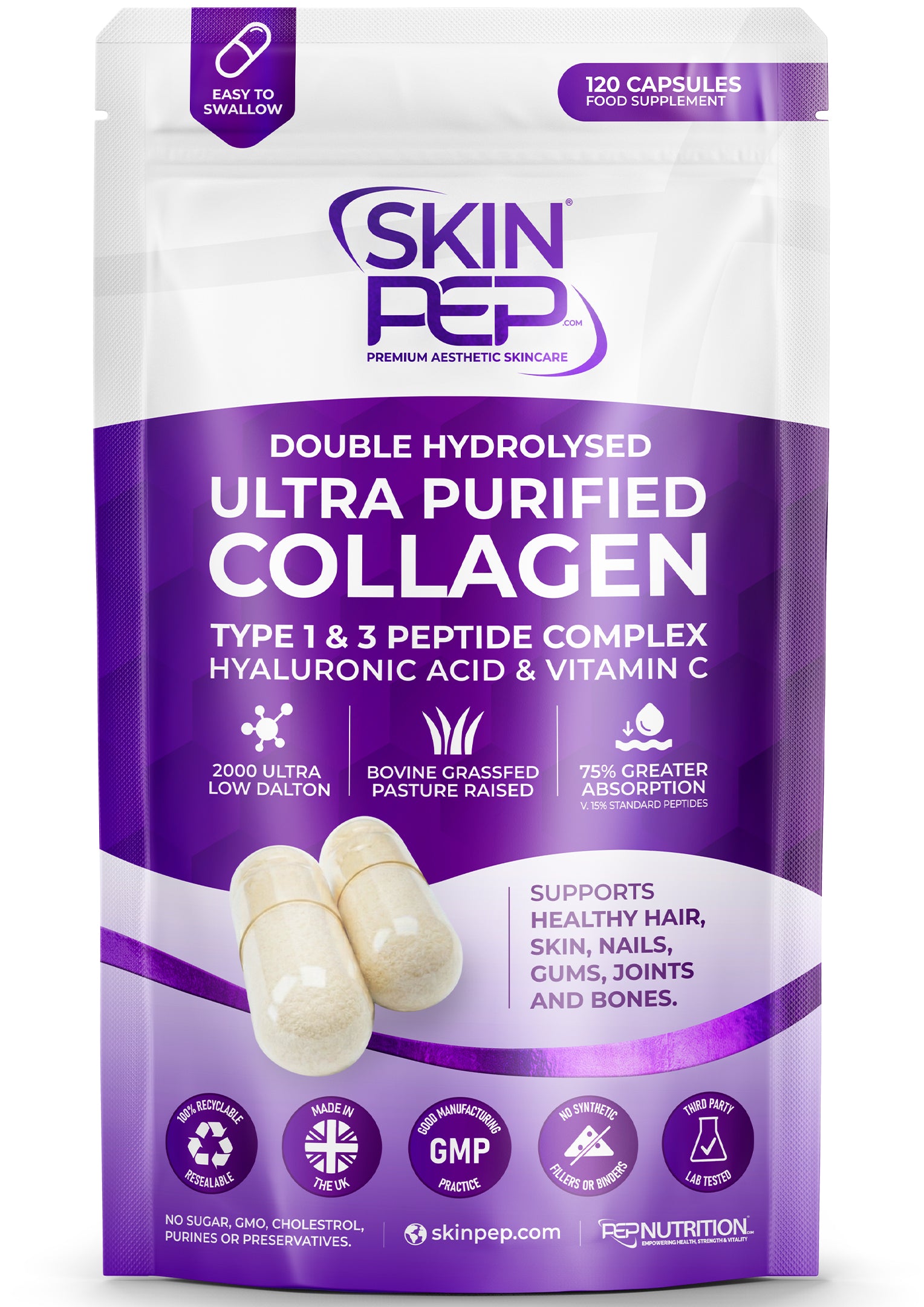 Ultra Purified Collagen Peptide Complex Capsules | 2000 Dalton Bioactive Vitamin C Enhanced Synthesis |Triple Filtered, Double Hydrolysed | Grass Fed Bovine Collagen Supplement For Women &amp; Men | SkinPep