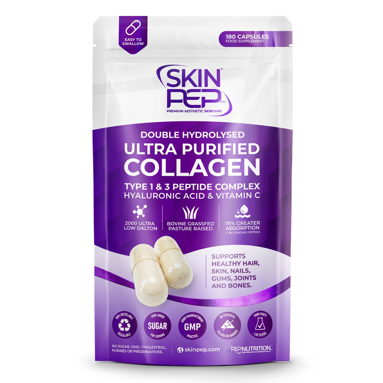 Ultra Purified Collagen Peptide Complex Capsules | 2000 Dalton Bioactive Vitamin C Enhanced Synthesis |Triple Filtered, Double Hydrolysed | Grass Fed Bovine Collagen Supplement For Women &amp; Men | SkinPep