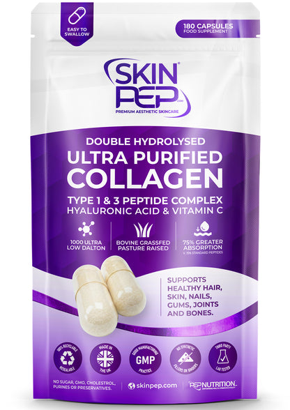 Ultra Purified Collagen Peptide Complex Capsules | 1000 Dalton Bioactive Vitamin C Enhanced Synthesis |Triple Filtered, Double Hydrolysed | Grass Fed Bovine Collagen Supplement For Women &amp; Men | SkinPep