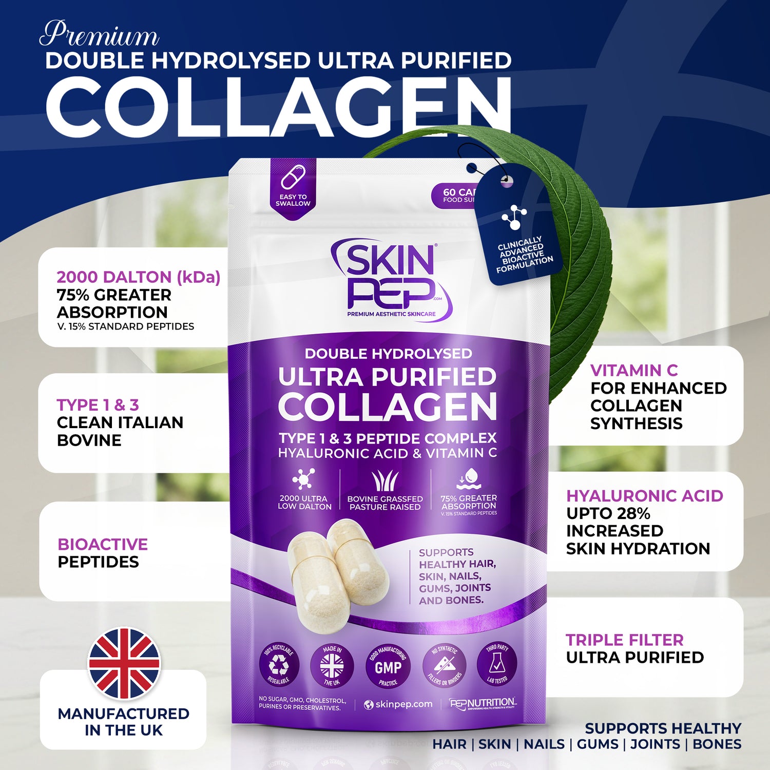 Ultra Purified Collagen Peptide Complex Capsules | 2000 Dalton Bioactive Vitamin C Enhanced Synthesis |Triple Filtered, Double Hydrolysed | Grass Fed Bovine Collagen Supplement For Women &amp; Men | SkinPep