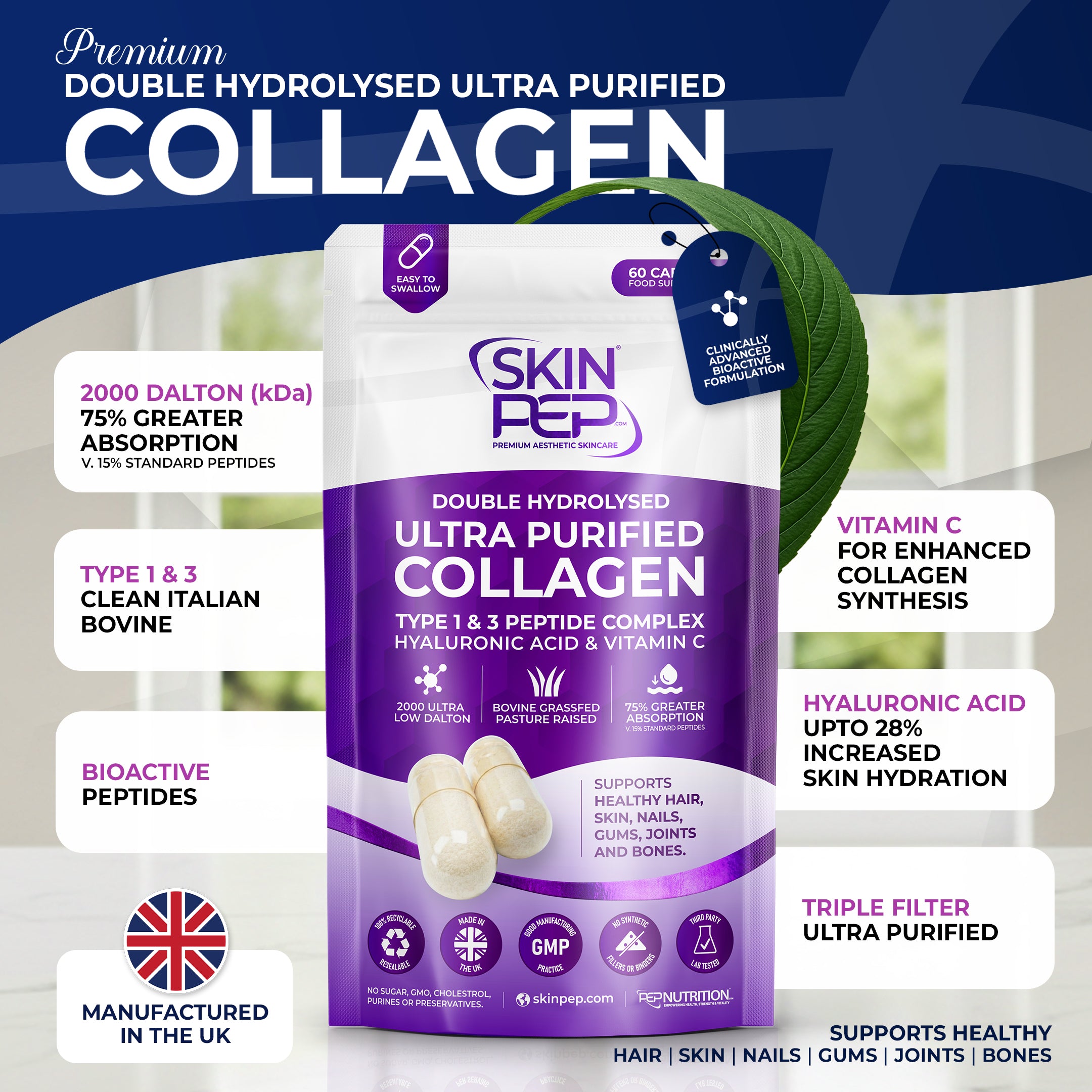 Ultra Purified Collagen Peptide Complex Capsules | 2000 Dalton Bioactive Vitamin C Enhanced Synthesis |Triple Filtered, Double Hydrolysed | Grass Fed Bovine Collagen Supplement For Women &amp; Men | SkinPep