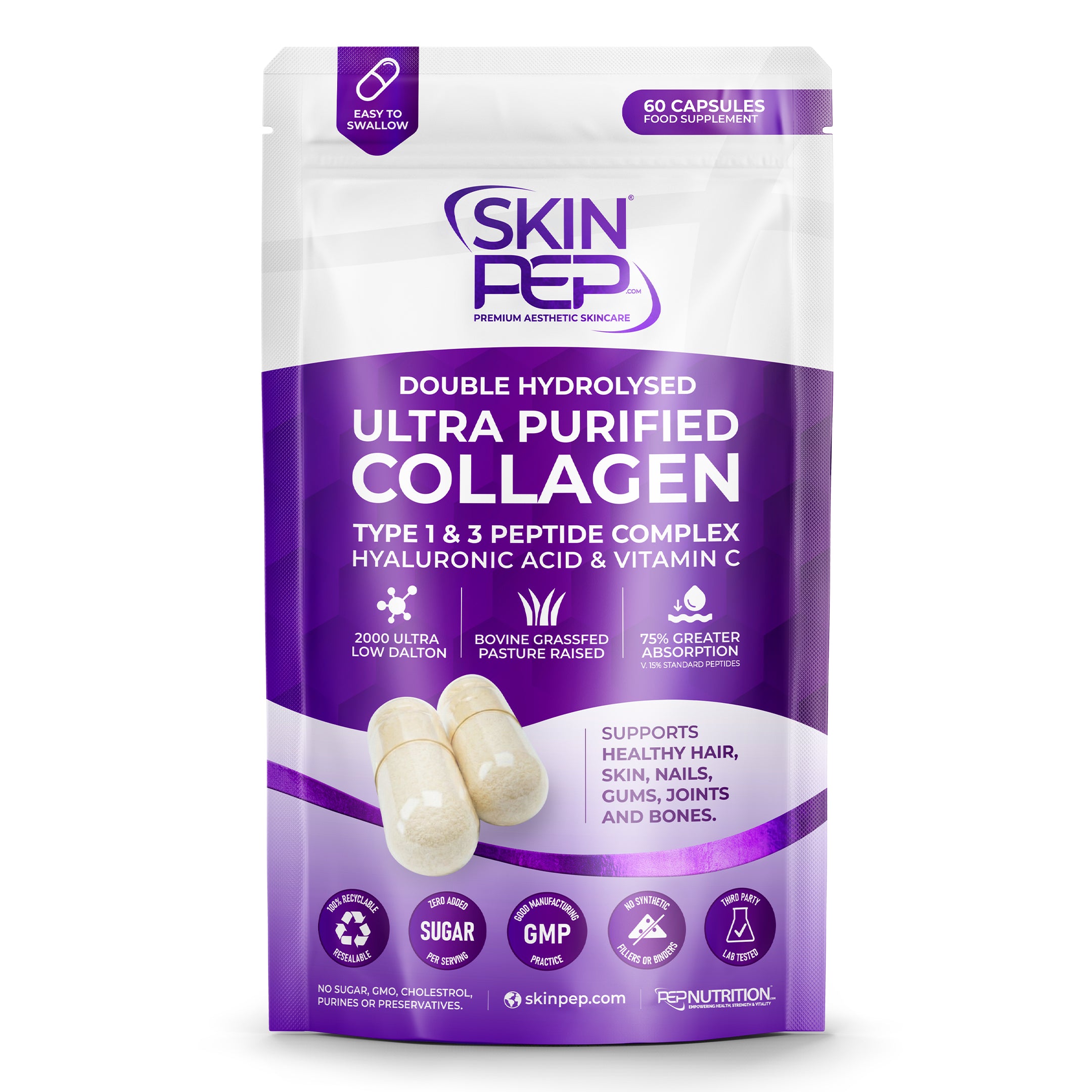 Ultra Purified Collagen Peptide Complex Capsules | 2000 Dalton Bioactive Vitamin C Enhanced Synthesis |Triple Filtered, Double Hydrolysed | Grass Fed Bovine Collagen Supplement For Women &amp; Men | SkinPep
