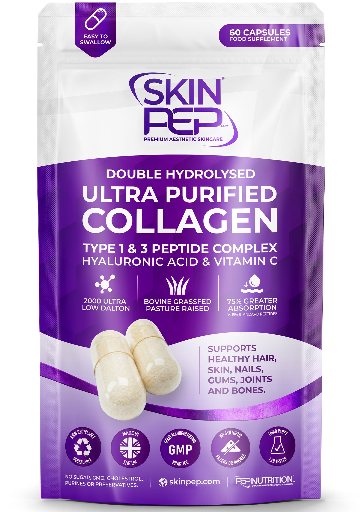 Ultra Purified Collagen Peptide Complex Capsules | 2000 Dalton Bioactive Vitamin C Enhanced Synthesis |Triple Filtered, Double Hydrolysed | Grass Fed Bovine Collagen Supplement For Women &amp; Men | SkinPep