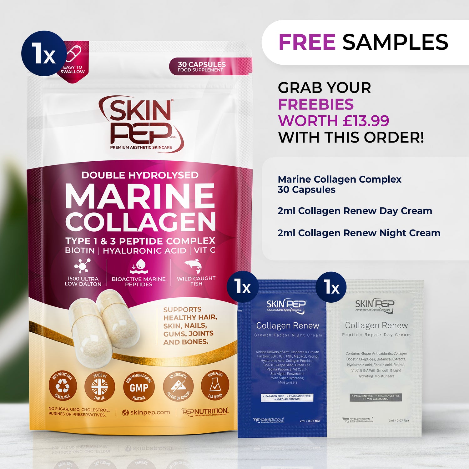 Ultra Purified Collagen Peptide Complex Capsules | 2000 Dalton Bioactive Vitamin C Enhanced Synthesis |Triple Filtered, Double Hydrolysed | Grass Fed Bovine Collagen Supplement For Women &amp; Men | SkinPep