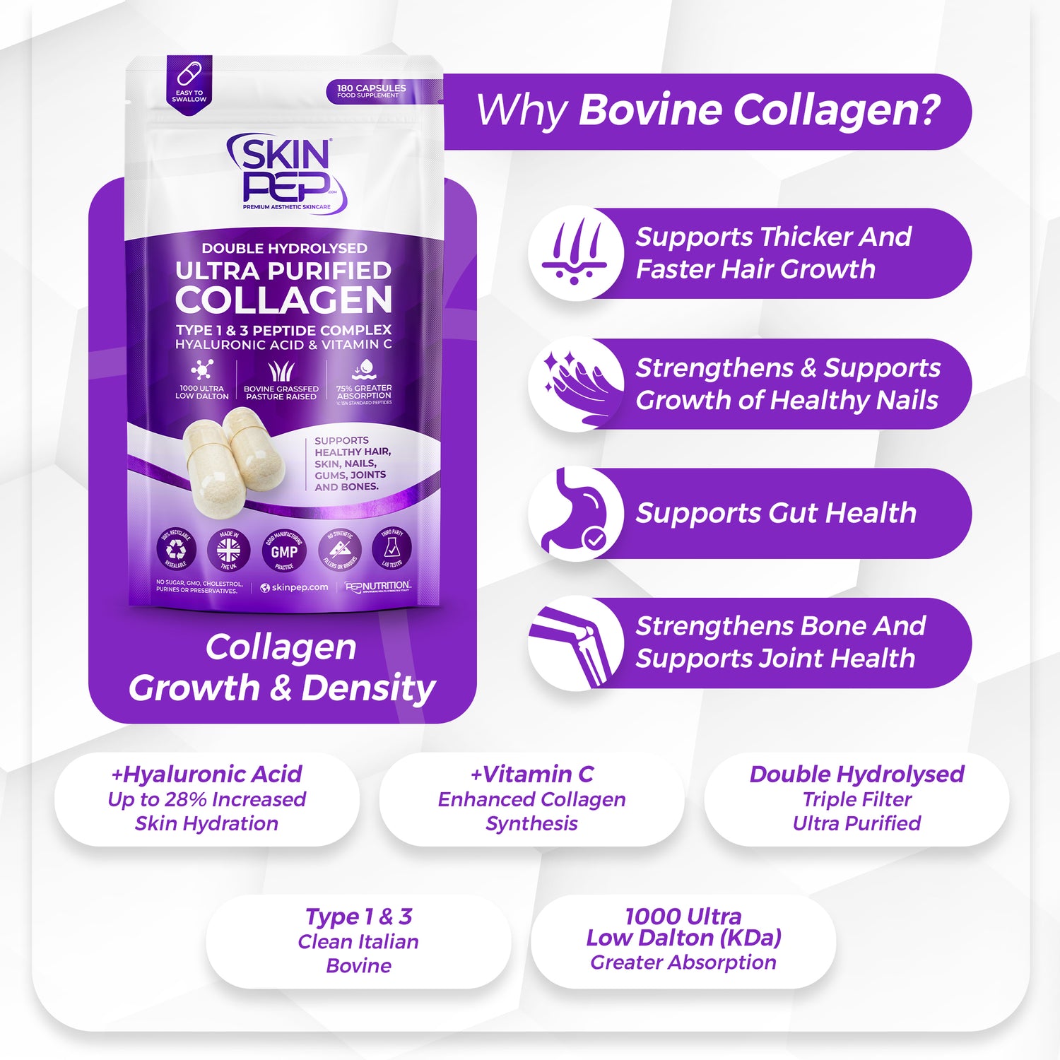 Ultra Purified Collagen Peptide Complex Capsules | 1000 Dalton Bioactive Vitamin C Enhanced Synthesis |Triple Filtered, Double Hydrolysed | Grass Fed Bovine Collagen Supplement For Women &amp; Men | SkinPep