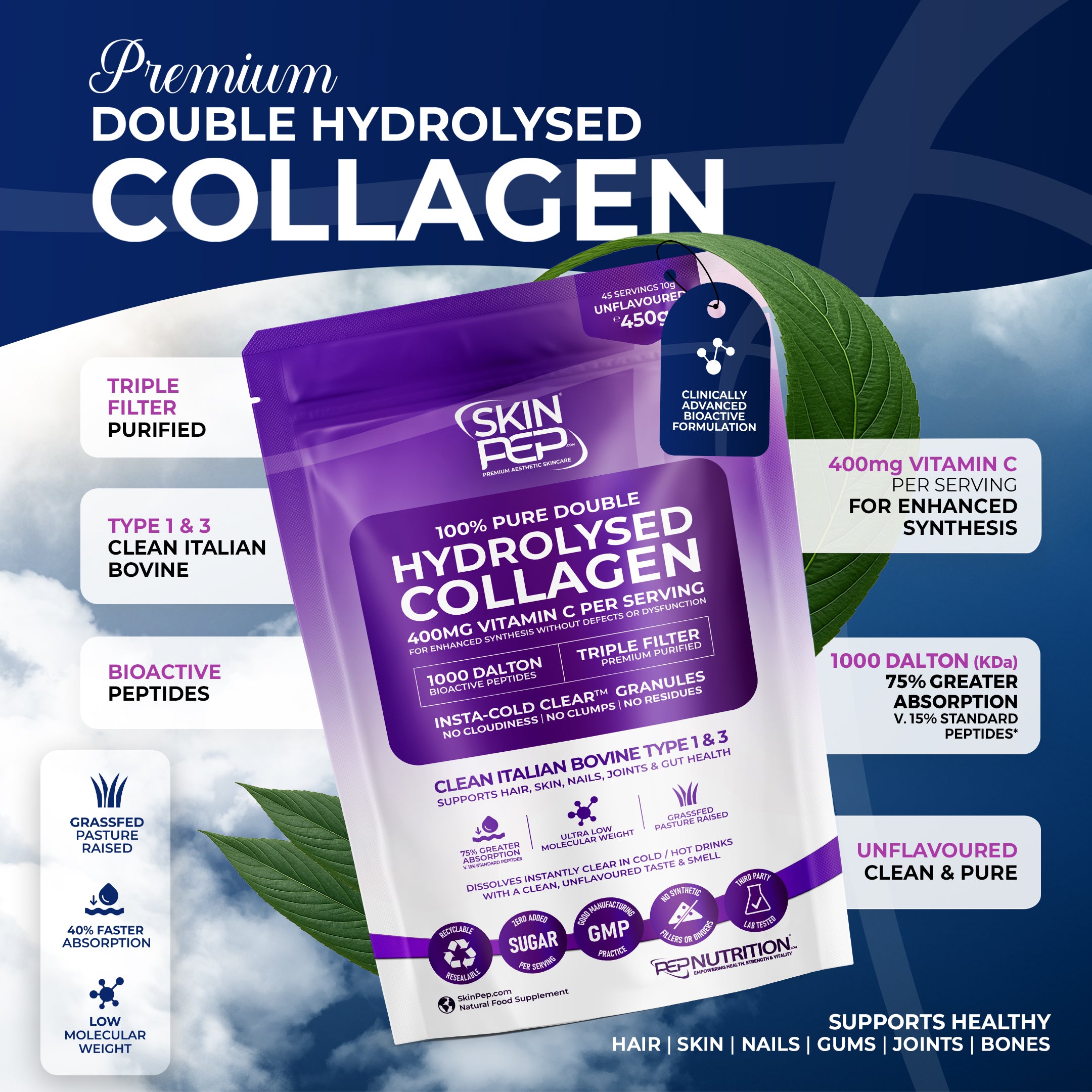 Collagen Peptides Powder | Organic Grass-Fed Bovine Hydrolysate | 1000 Dalton | 400mg Vitamin C | SkinPep