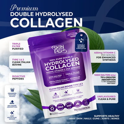 Collagen Peptides Powder | Organic Grass-Fed Bovine Hydrolysate | 1000 Dalton | 400mg Vitamin C | SkinPep