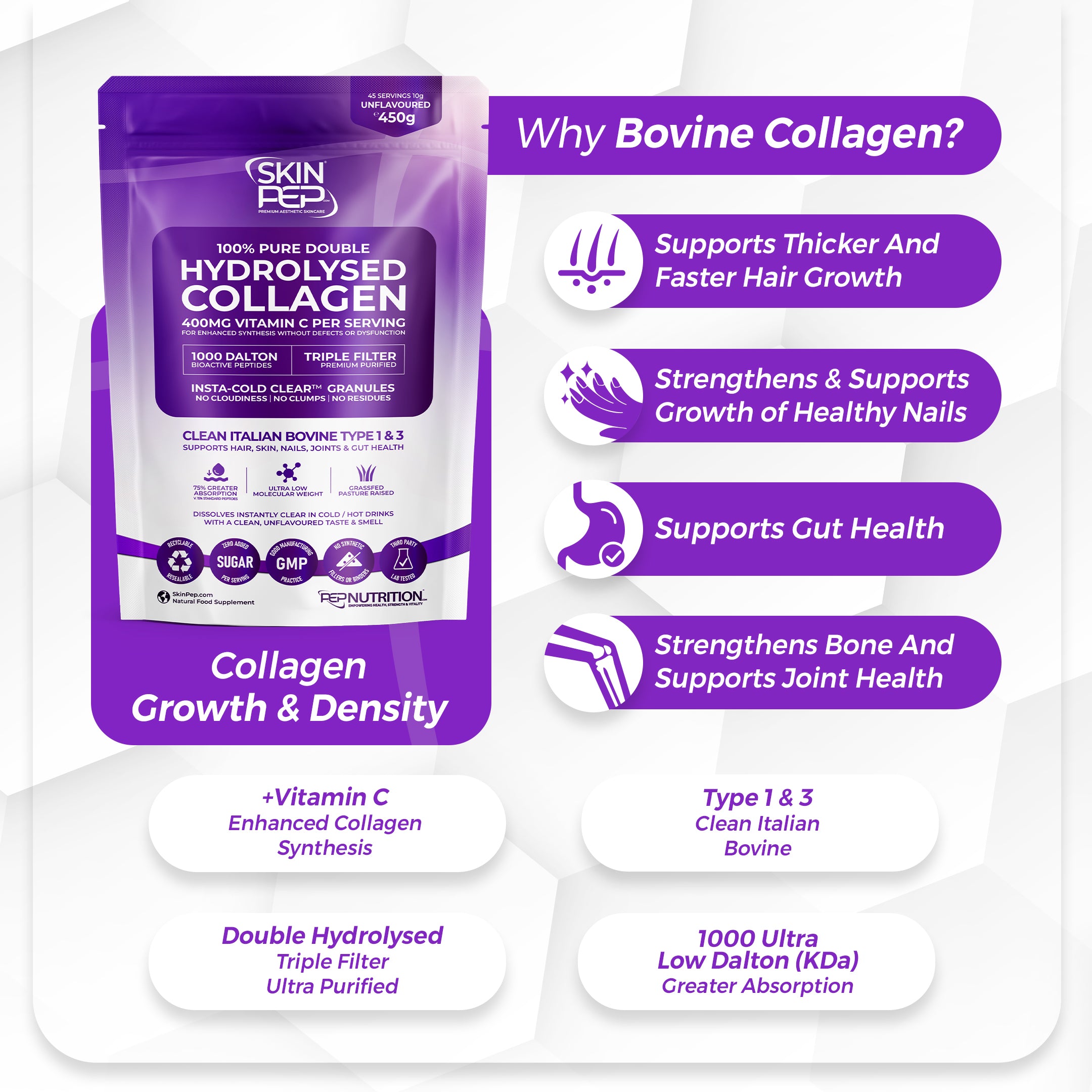 Collagen Peptides Powder | Organic Grass-Fed Bovine Hydrolysate | 1000 Dalton | 400mg Vitamin C | SkinPep