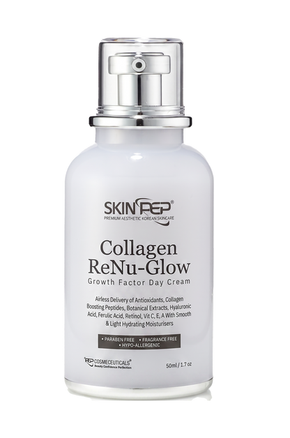 Collagen ReNu-Glow Peptide Day Cream | Encapsulated Growth Factors (EGF, FGF, TGF) | 16 Antioxidants &amp; Moisturisers | Retinol, Hyaluronic Acid, Vit C, E, A + Peptides | Korean Glass Skin By SkinPep (50ml)