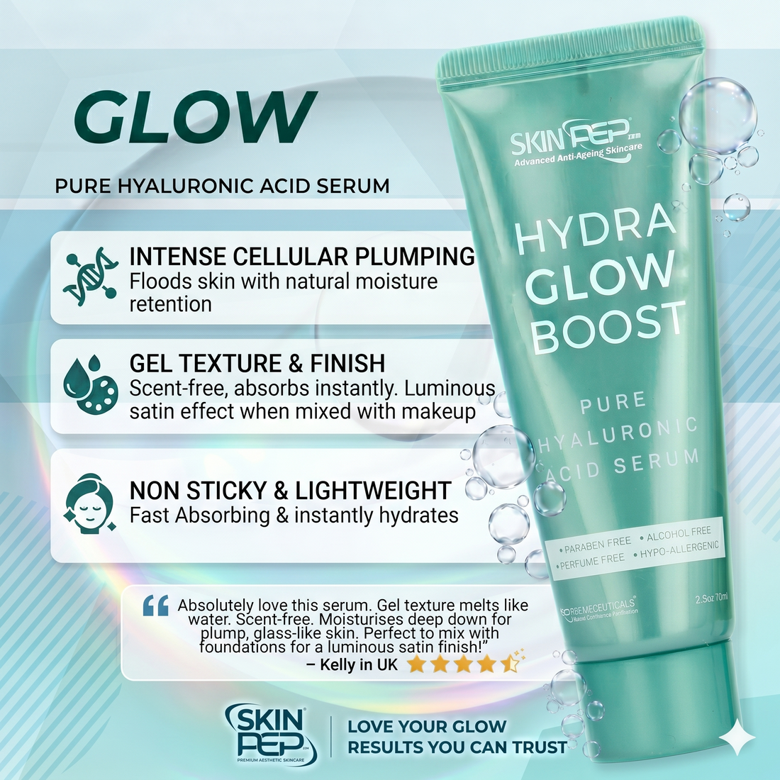 SkinPep Hydra Glow Boost - Hyaluronic Acid Serum | BioSkinActive Replumping &amp; Hydrating Super Serum With 3% Hyaluronic Acid | + Bio-Identical Phospholipids &amp; Vitamin E For Max Absorption | Strengthens Skin Barrier | Cruelty Free &amp; Vegan, 30ml - 70ml