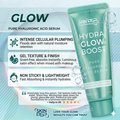 Hydra Glow Boost - Hyaluronic Acid Serum | BioSkinActive Replumping &amp; Hydrating Super Serum With 3% Hyaluronic Acid | + Bio-Identical Phospholipids &amp; Vitamin E For Max Absorption | Strengthens Skin Barrier | Cruelty Free &amp; Vegan By SkinPep