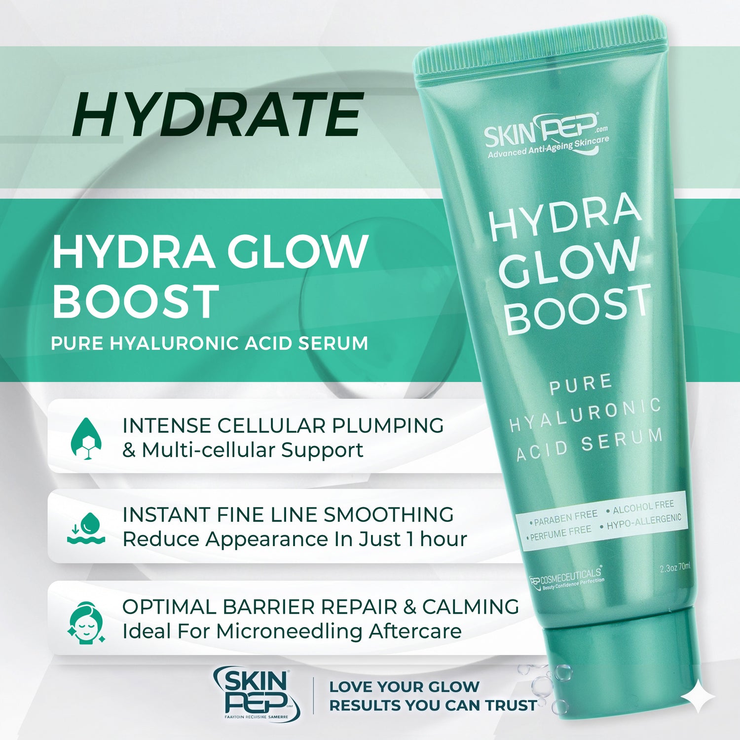 Hydra Glow Boost - Hyaluronic Acid Serum | BioSkinActive Replumping &amp; Hydrating Super Serum With 3% Hyaluronic Acid | + Bio-Identical Phospholipids &amp; Vitamin E For Max Absorption | Strengthens Skin Barrier | Cruelty Free &amp; Vegan By SkinPep