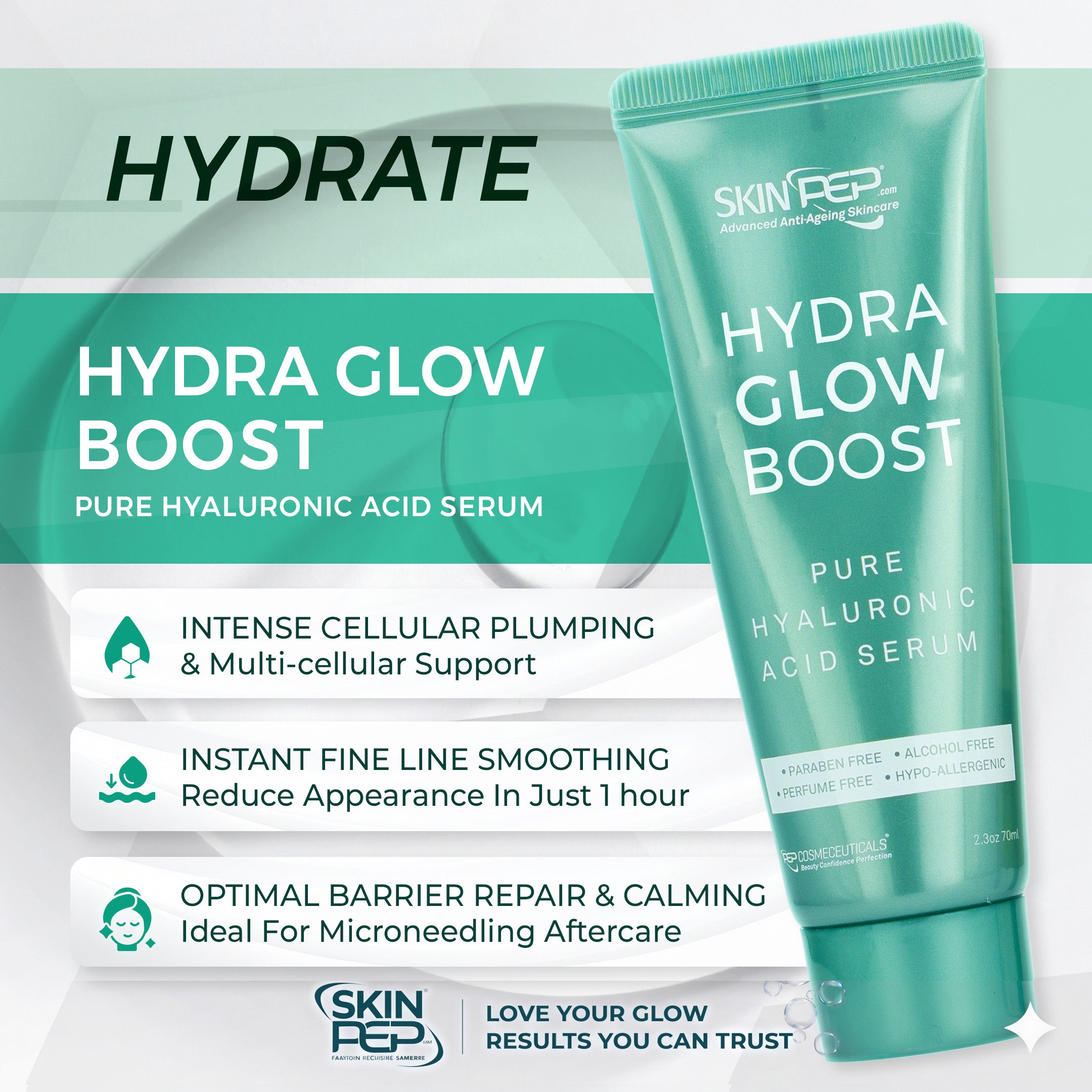 Hydra Glow Boost - Hyaluronic Acid Serum | BioSkinActive Replumping &amp; Hydrating Super Serum With 3% Hyaluronic Acid | + Bio-Identical Phospholipids &amp; Vitamin E For Max Absorption | Strengthens Skin Barrier | Cruelty Free &amp; Vegan By SkinPep