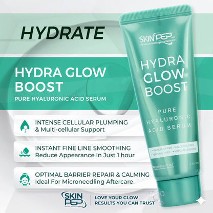 Hydra Glow Boost - Hyaluronic Acid Serum | BioSkinActive Replumping &amp; Hydrating Super Serum With 3% Hyaluronic Acid | + Bio-Identical Phospholipids &amp; Vitamin E For Max Absorption | Strengthens Skin Barrier | Cruelty Free &amp; Vegan By SkinPep