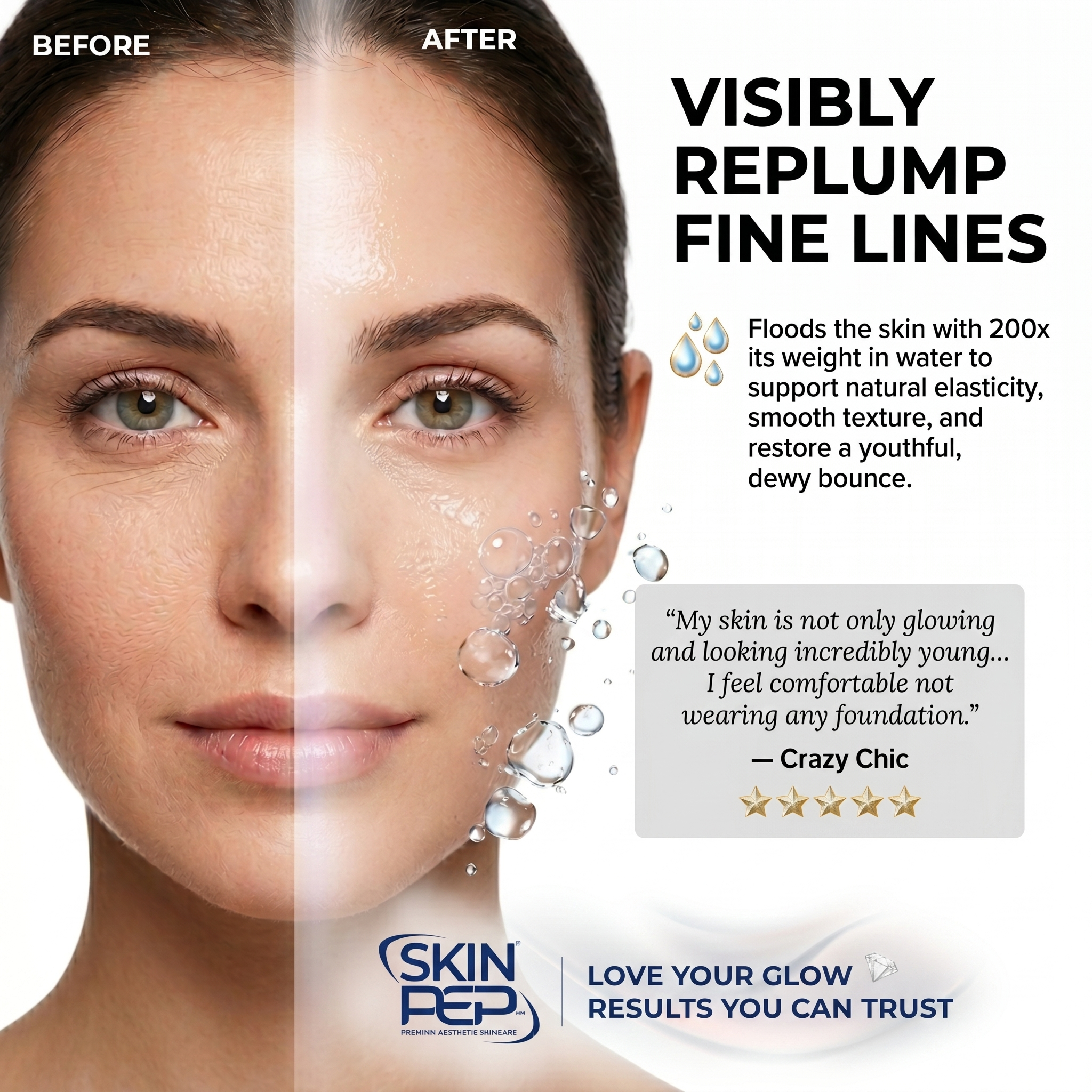 Hydra Glow Boost - Hyaluronic Acid Serum | BioSkinActive Replumping &amp; Hydrating Super Serum With 3% Hyaluronic Acid | + Bio-Identical Phospholipids &amp; Vitamin E For Max Absorption | Strengthens Skin Barrier | Cruelty Free &amp; Vegan By SkinPep