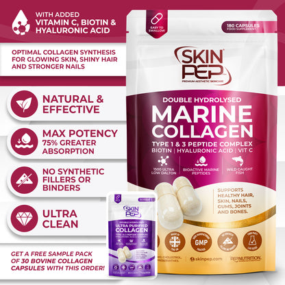 Marine Collagen Peptides Capsules | Wild Caught | Bioactive 1500 Daltons | Hyaluronic Acid | Vitamin C | Clean &amp; Pure | No Fillers &amp; Binders | Collagen Supplements For Women &amp; Men | SkinPep