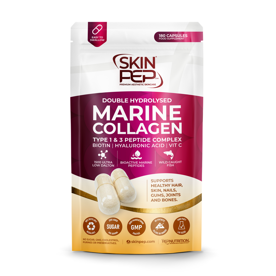 Marine Collagen Peptides Capsules | Wild Caught | Bioactive 1500 Daltons | Hyaluronic Acid | Vitamin C | Clean &amp; Pure | No Fillers &amp; Binders | Collagen Supplements For Women &amp; Men | SkinPep