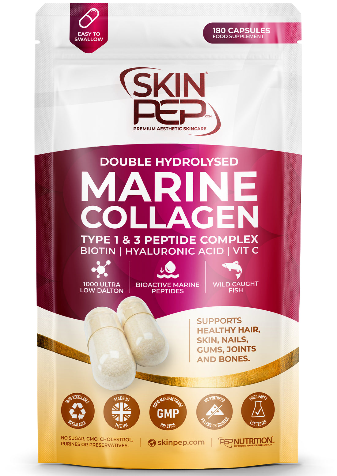 Marine Collagen Peptides Capsules | Wild Caught | Bioactive 1000 Daltons | Hyaluronic Acid | Vitamin C | Clean &amp; Pure | No Fillers &amp; Binders | Collagen Supplements For Women &amp; Men | SkinPep