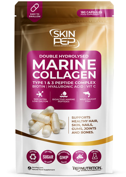 Marine Collagen Peptides Capsules | Wild Caught | Bioactive 1500 Daltons | Hyaluronic Acid | Vitamin C | Clean &amp; Pure | No Fillers &amp; Binders | Collagen Supplements For Women &amp; Men | SkinPep V2