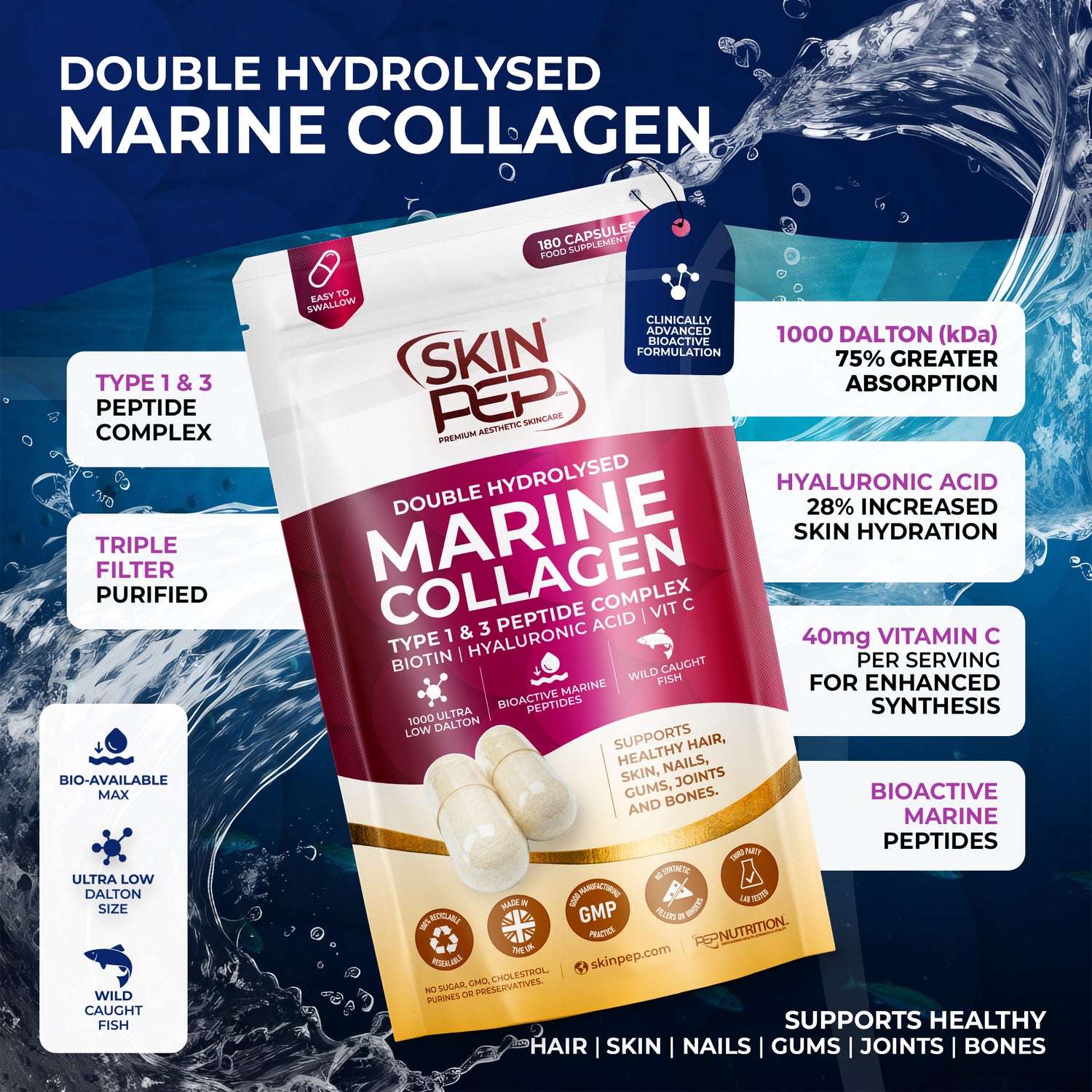Marine Collagen Peptides Capsules | Wild Caught | Bioactive 1000 Daltons | Hyaluronic Acid | Vitamin C | Clean &amp; Pure | No Fillers &amp; Binders | Collagen Supplements For Women &amp; Men | SkinPep