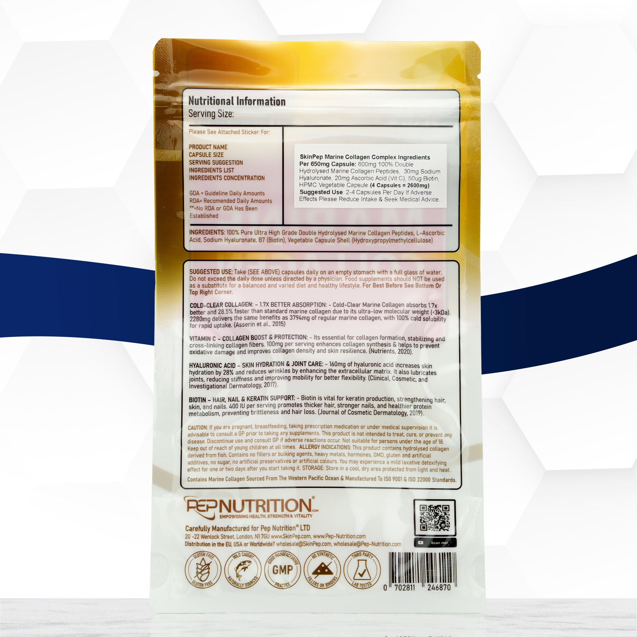 Marine Collagen Peptides Capsules | Wild Caught | Bioactive 1500 Daltons | Hyaluronic Acid | Vitamin C | Clean &amp; Pure | No Fillers &amp; Binders | Collagen Supplements For Women &amp; Men | SkinPep V2