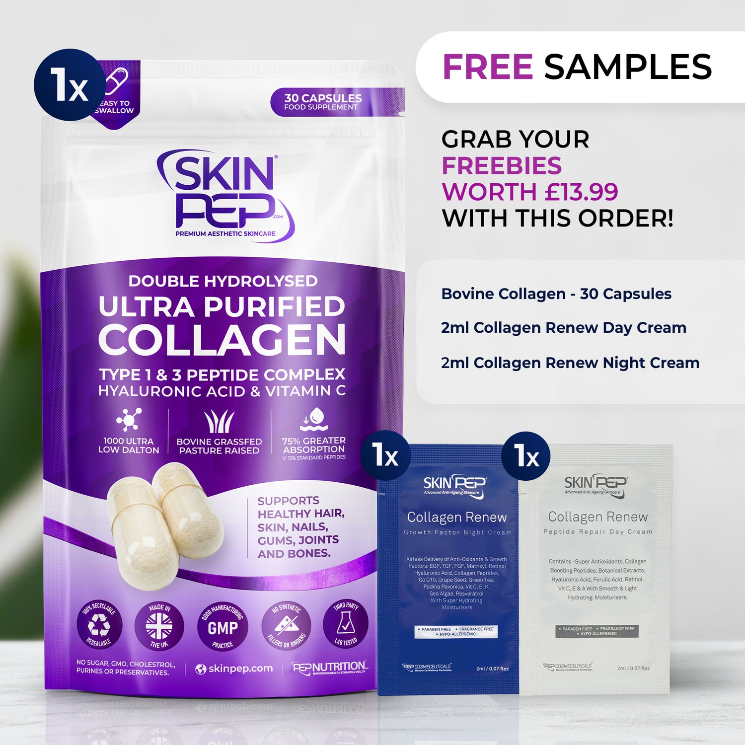 Marine Collagen Peptides Capsules | Wild Caught | Bioactive 1000 Daltons | Hyaluronic Acid | Vitamin C | Clean &amp; Pure | No Fillers &amp; Binders | Collagen Supplements For Women &amp; Men | SkinPep