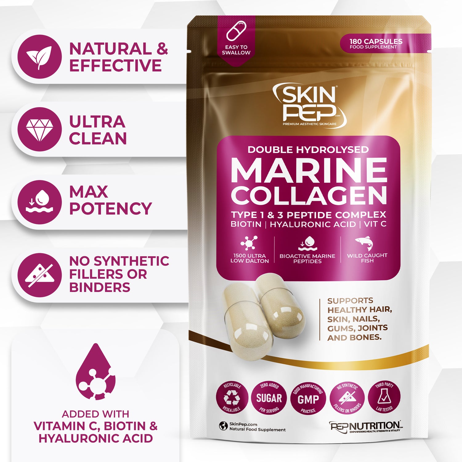 Marine Collagen Peptides Capsules | Wild Caught | Bioactive 1500 Daltons | Hyaluronic Acid | Vitamin C | Clean &amp; Pure | No Fillers &amp; Binders | Collagen Supplements For Women &amp; Men | SkinPep