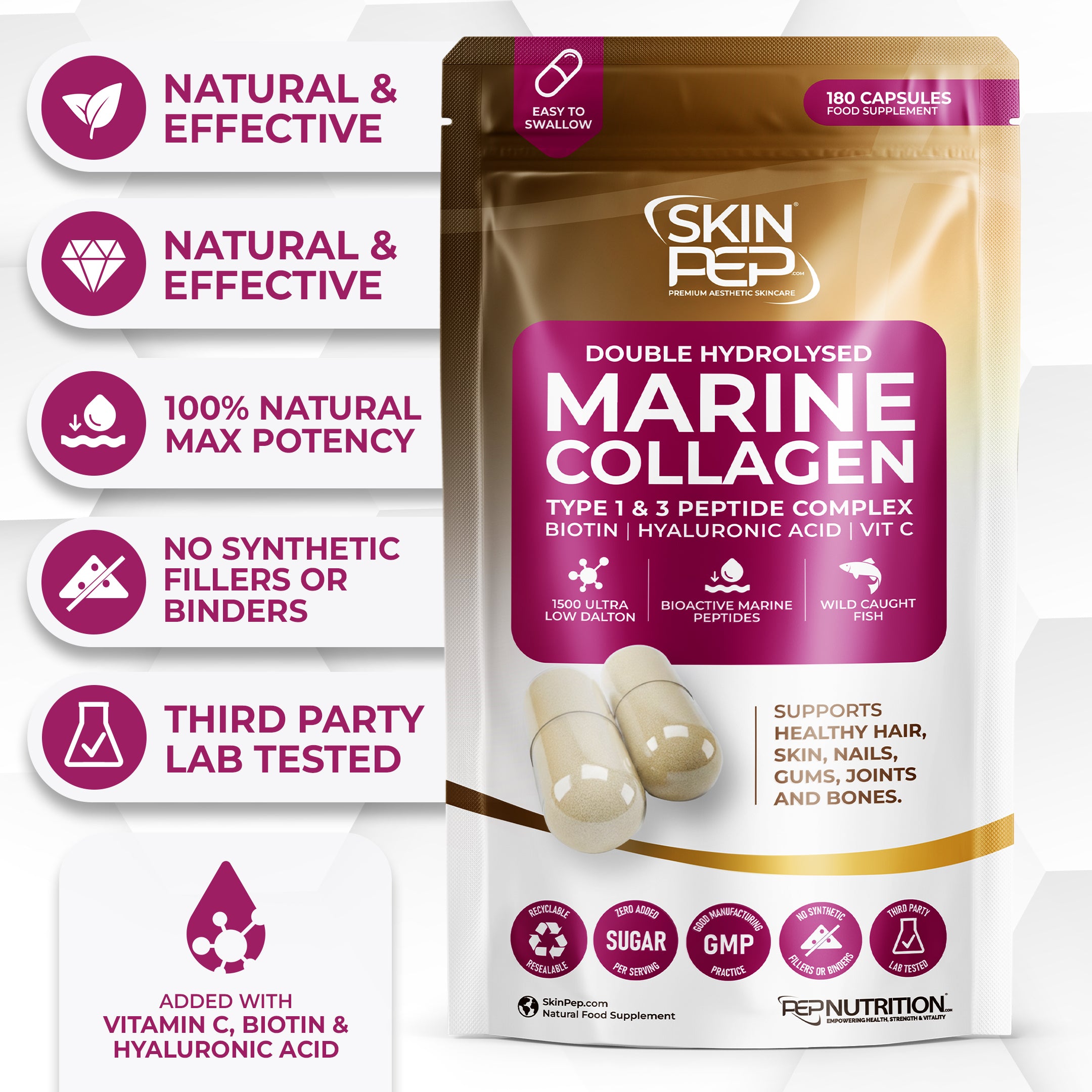 Marine Collagen Peptides Capsules | Wild Caught | Bioactive 1500 Daltons | Hyaluronic Acid | Vitamin C | Clean &amp; Pure | No Fillers &amp; Binders | Collagen Supplements For Women &amp; Men | SkinPep