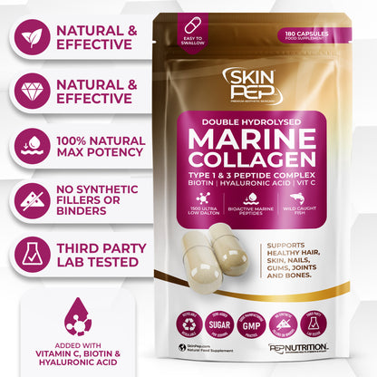 Marine Collagen Peptides Capsules | Wild Caught | Bioactive 1500 Daltons | Hyaluronic Acid | Vitamin C | Clean &amp; Pure | No Fillers &amp; Binders | Collagen Supplements For Women &amp; Men | SkinPep