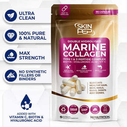 Marine Collagen Peptides Capsules | Wild Caught | Bioactive 1500 Daltons | Hyaluronic Acid | Vitamin C | Clean &amp; Pure | No Fillers &amp; Binders | Collagen Supplements For Women &amp; Men | SkinPep V2