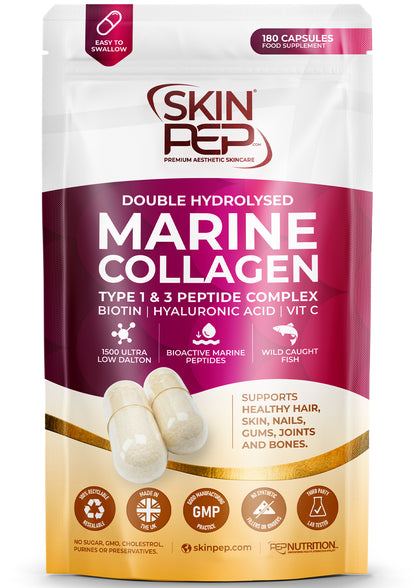 Marine Collagen Peptides Capsules | Wild Caught | Bioactive 1500 Daltons | Hyaluronic Acid | Vitamin C | Clean &amp; Pure | No Fillers &amp; Binders | Collagen Supplements For Women &amp; Men | SkinPep