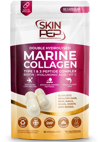 Marine Collagen Peptides Capsules | Wild Caught | Bioactive 1500 Daltons | Hyaluronic Acid | Vitamin C | Clean &amp; Pure | No Fillers &amp; Binders | Collagen Supplements For Women &amp; Men | SkinPep