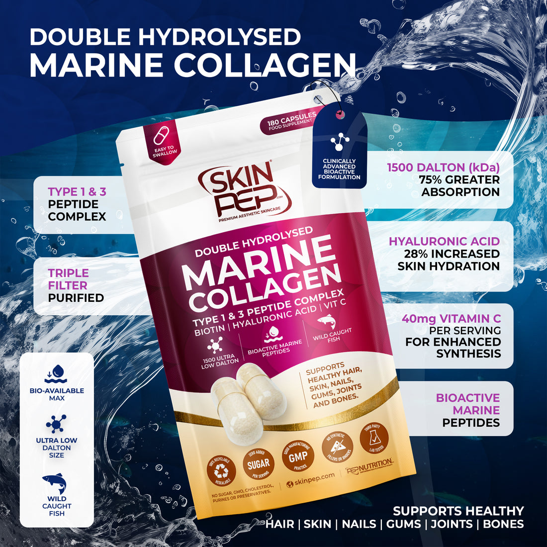 Marine Collagen Peptides Capsules | Wild Caught | Bioactive 1500 Daltons | Hyaluronic Acid | Vitamin C | Clean &amp; Pure | No Fillers &amp; Binders | Collagen Supplements For Women &amp; Men | SkinPep