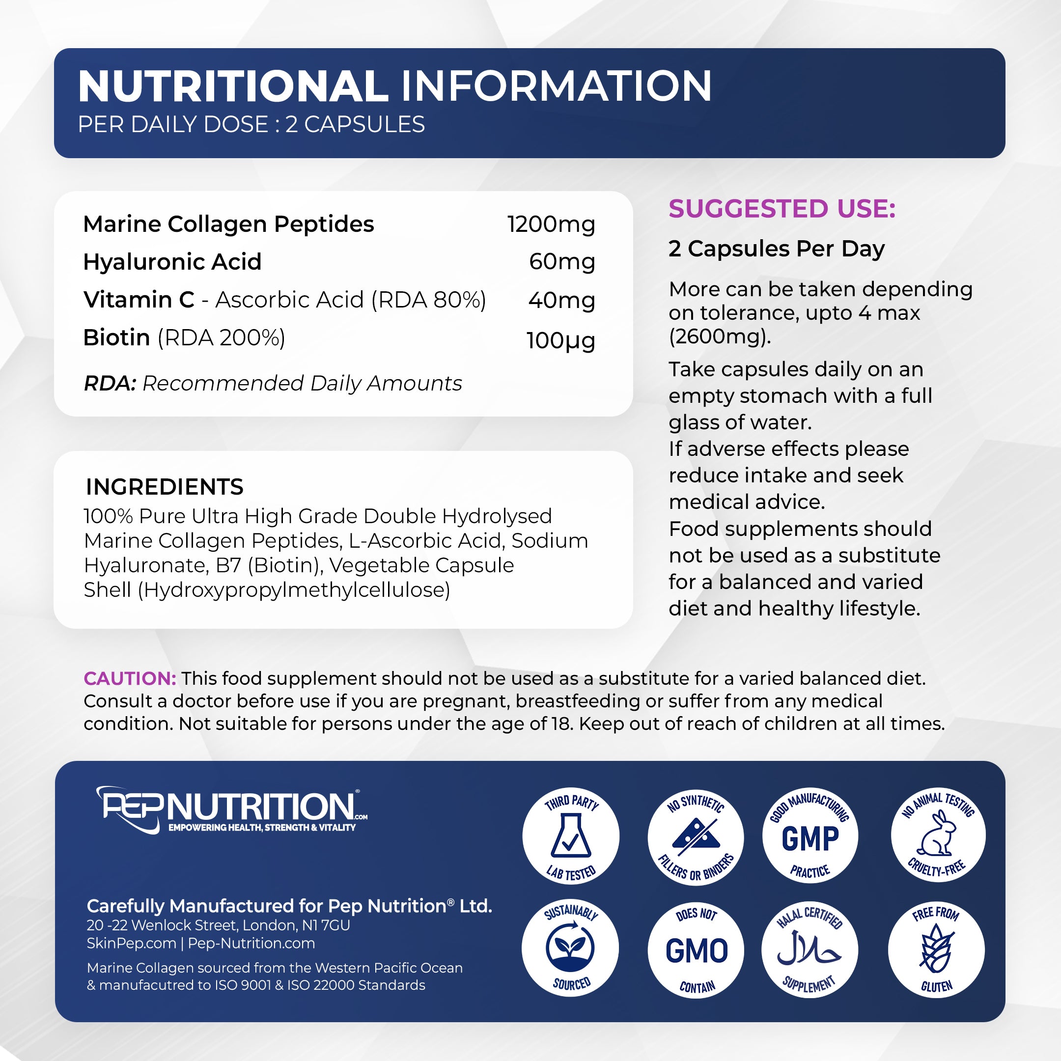 Marine Collagen Peptides Capsules | Wild Caught | Bioactive 1500 Daltons | Hyaluronic Acid | Vitamin C | Clean &amp; Pure | No Fillers &amp; Binders | Collagen Supplements For Women &amp; Men | SkinPep