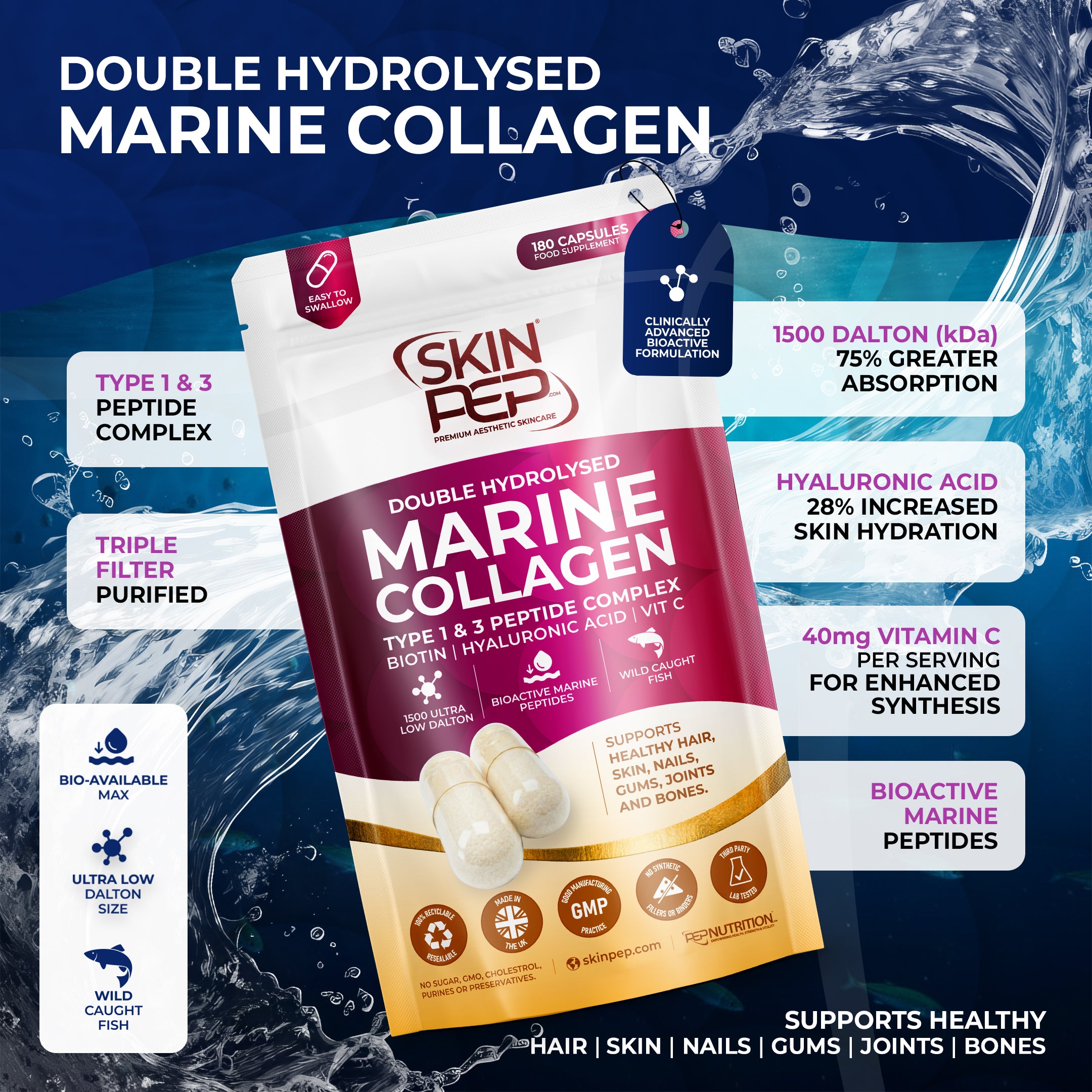 Marine Collagen Peptides Capsules | Wild Caught | Bioactive 1500 Daltons | Hyaluronic Acid | Vitamin C | Clean &amp; Pure | No Fillers &amp; Binders | Collagen Supplements For Women &amp; Men | SkinPep